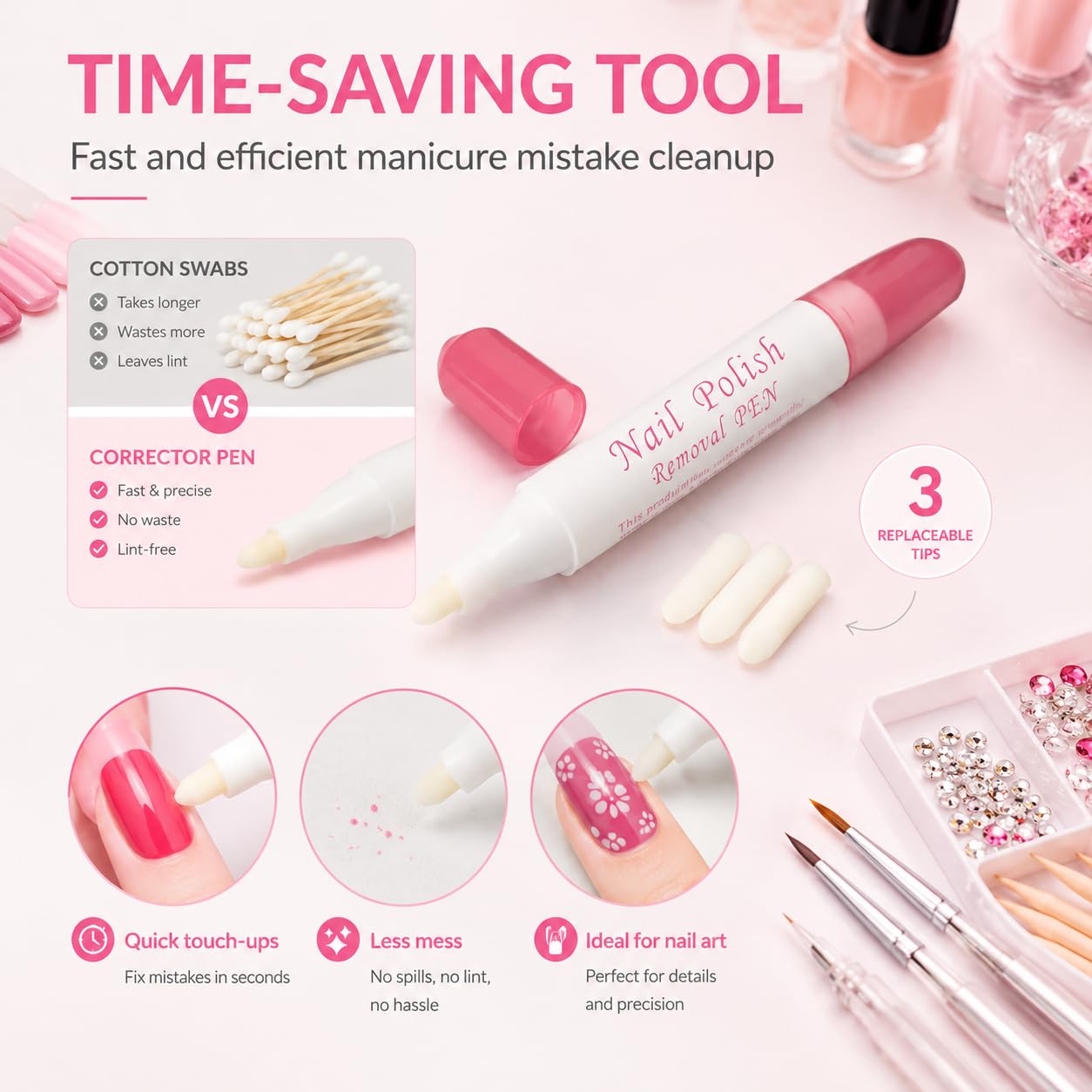 Nail Polish Corrector Pen with 3 Replaceable Tips - Manicure Tool for Quick Nail Art Mistakes Cleanup