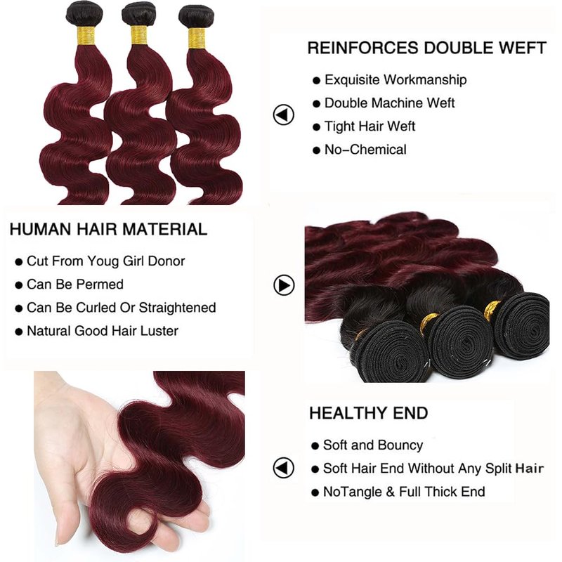 Ombre Human Hair Bundles Burgundy Body Wave Bundles Human Hair Red Bundle 12 14 16 Inch Soft And Healthy Brazilian Virgin Remy Hair Extensions Double Weft 3Pcs/Set Deals