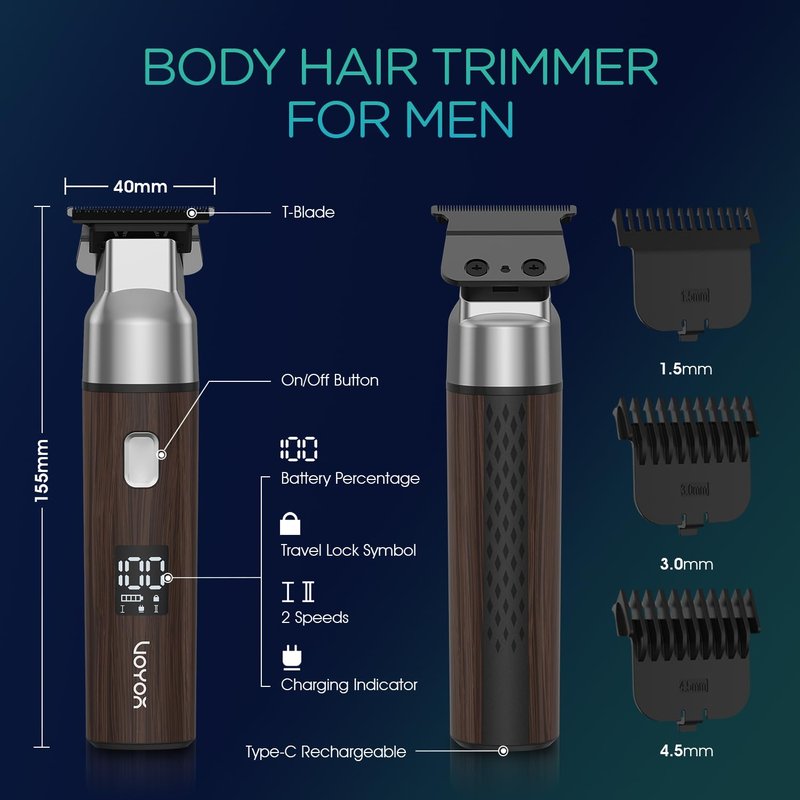 VOYOR Body Hair Trimmer for Men,Electric Razor,Versatile Groin & Body Trimmer,Waterproof and Cordless Shaver, Manscaper for Men, USB-C Charging Groomer,Ceramic Blade Razor Male Grooming HT310 (Black)