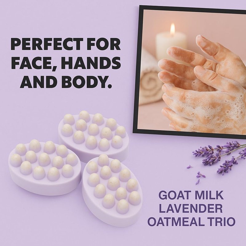 Aqua Marr Lavender Goat Milk Soap Set – 3 Pack Gift Box – Hydrating & Exfoliating Oatmeal Bars – Handmade Natural Soap for Sensitive Skin – 4 oz Each – Made in Miami