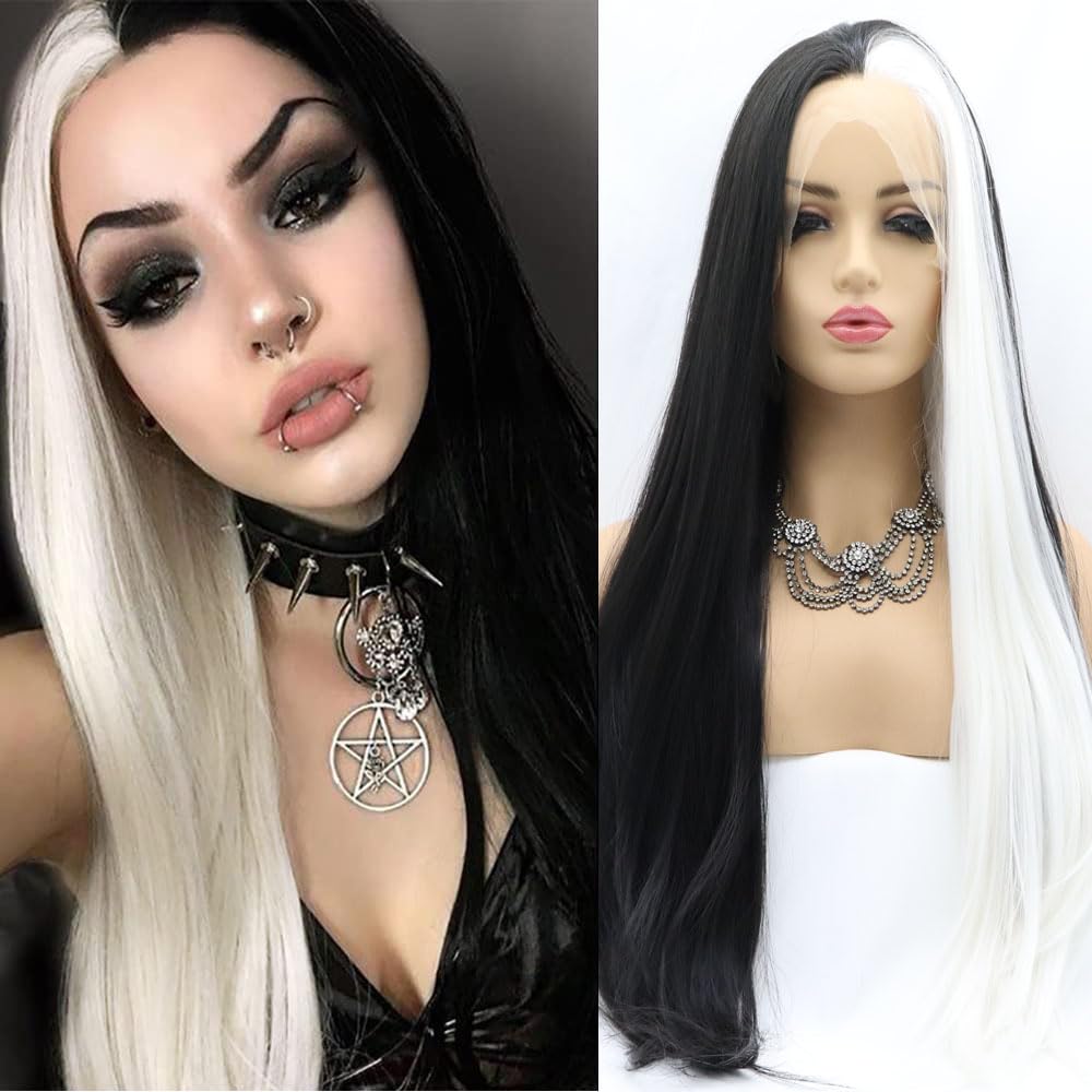 Long Straight Mermaid Piano Lace Front Wig - White to Black Two Tone | Heat Resistant Synthetic Hair for Women Cosplay