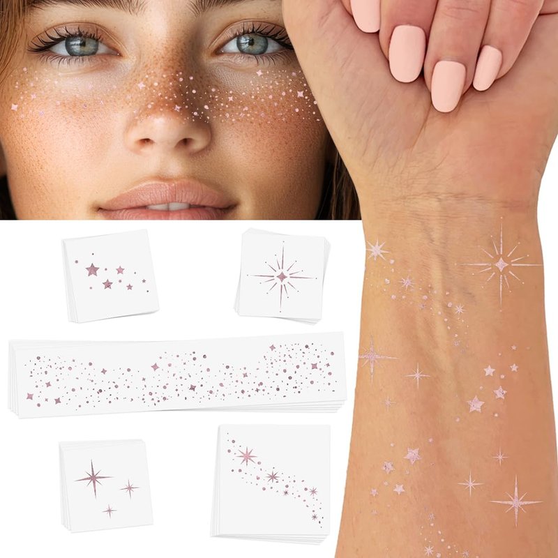 Flash Tattoos STARLIGHT VARIETY Pink Glitter Face Freckles and Body Tattoos – 25 Premium Celestial Metallic Patches with Cosmic Stars & Moons - Festival & Concert Makeup, Parties, Ethereal Beauty
