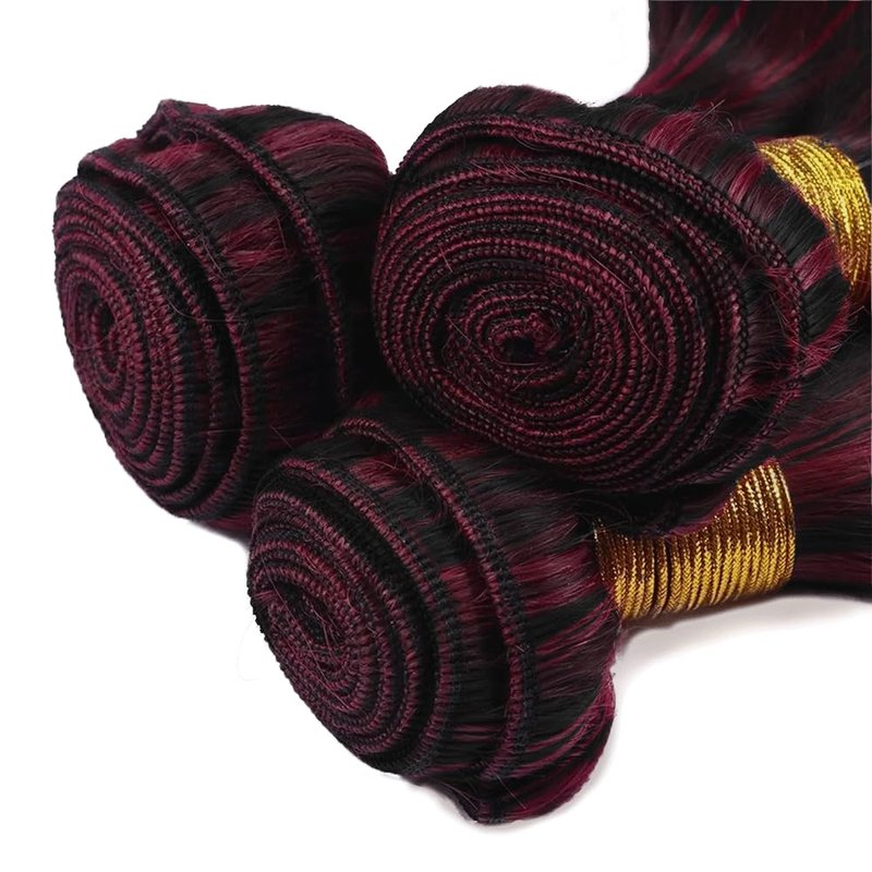 Highlight Straight Human Hair Bundles - Two Tone Black & Red Ombre | 3 Pack 12-14-16 Inch