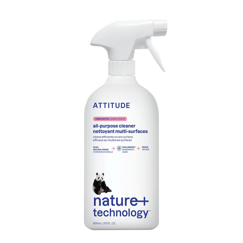 ATTITUDE All Purpose Cleaner Spray, EWG Verified, Vegan, Made with 94% Plant-Based Ingredients, Streak-Free for Kitchen, Bathroom, Glass & More, Unscented, 27.1 Fl Oz