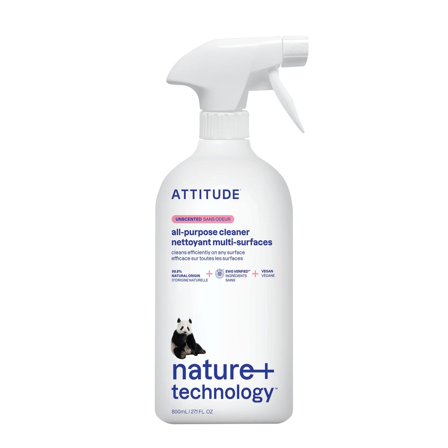 ATTITUDE All Purpose Cleaner Spray, EWG Verified, Vegan, Made with 94% Plant-Based Ingredients, Streak-Free for Kitchen, Bathroom, Glass & More, Unscented, 27.1 Fl Oz