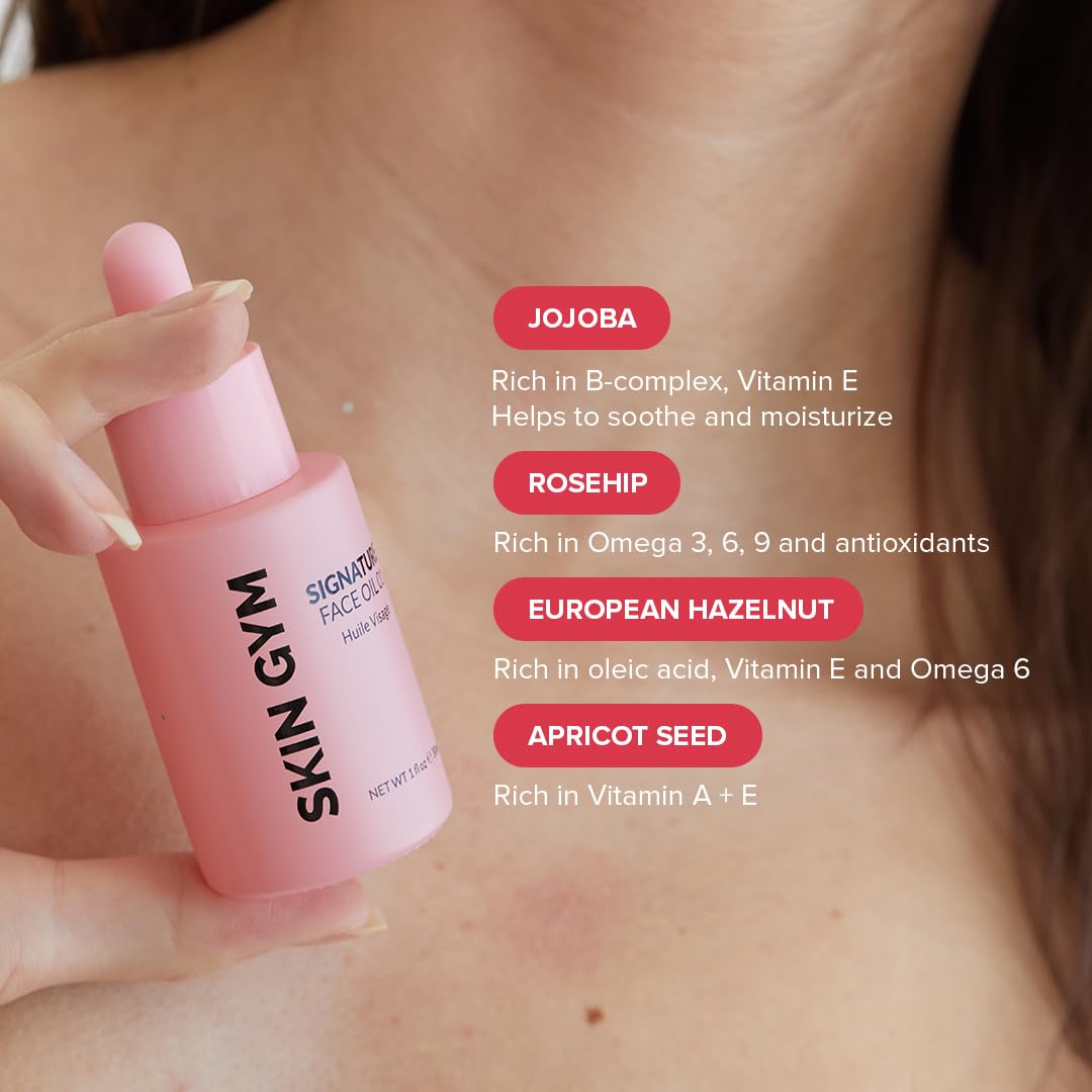 Skin Gym Rose Quartz Gua Sha & Signature Oil Kit | Holiday Radiance Boosting Duo | Facial Contouring & Skin Rejuvenation | All-in-One Exfoliating, Smoothing & Moisturizing Face Oil | AM/PM Compatible