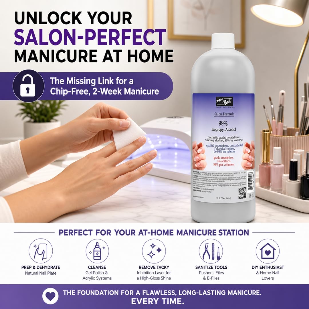 PRONAIL Nail Prep & Cleanser – 99% Isopropyl Alcohol Nail Dehydrator & Gel Cleanser | Chip-Free Adhesion for Gel & Acrylic | Professional Salon & At-Home Use | Made in USA | 32 oz