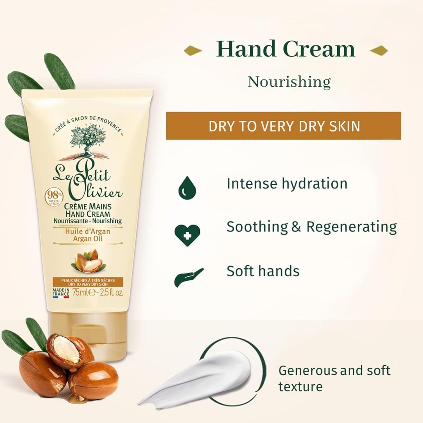 Nourishing Hand Cream With Argan Oil - Softens & Protects Dry Hands | 2.5 Oz