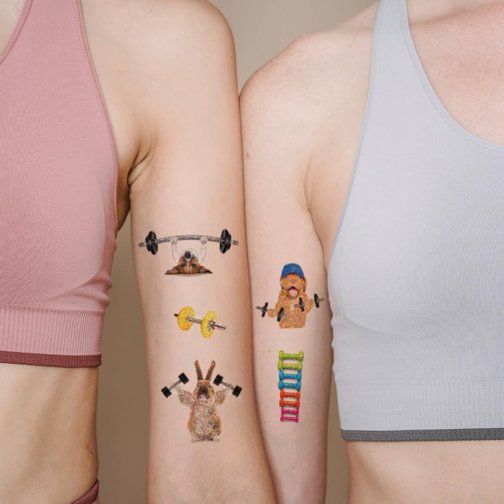 Oottati 12 Sheets Waterproof Temporary Tattoos Stickers Small Cute Animal Loves To Gym Cat Dog Mouse Keep Fit Boxing Jumping Weightlifting Dumbbell Kettlebell Rope Suit For Kids And Adults