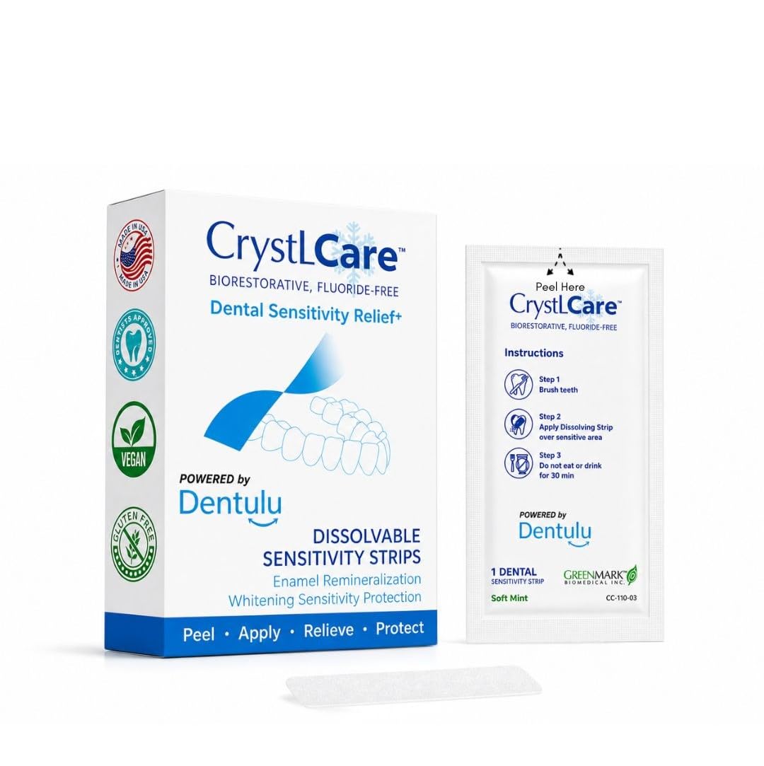 Dentulu CrystLCare Biorestorative - Fluoride-Free Dental Strips for Tooth Sensitivity Relief, Enamel Support & Remineralization with Nano Hydroxyapatite Oral Care (14 Count)