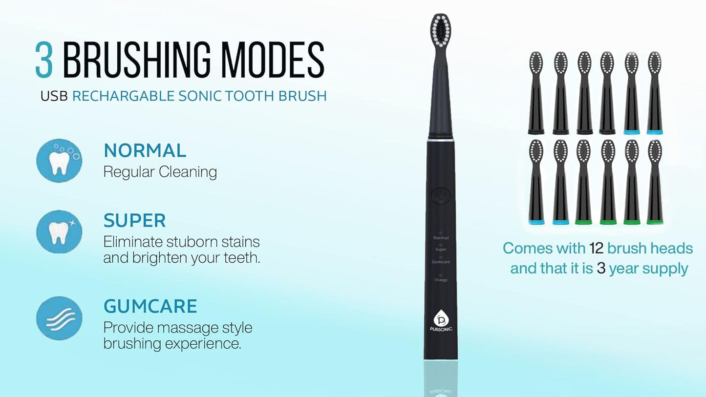 Pursonic Sonic Toothbrush - USB Rechargeable with 12 Brush Heads & 38,000 Strokes/Min | 3 Modes & Timer (Black)