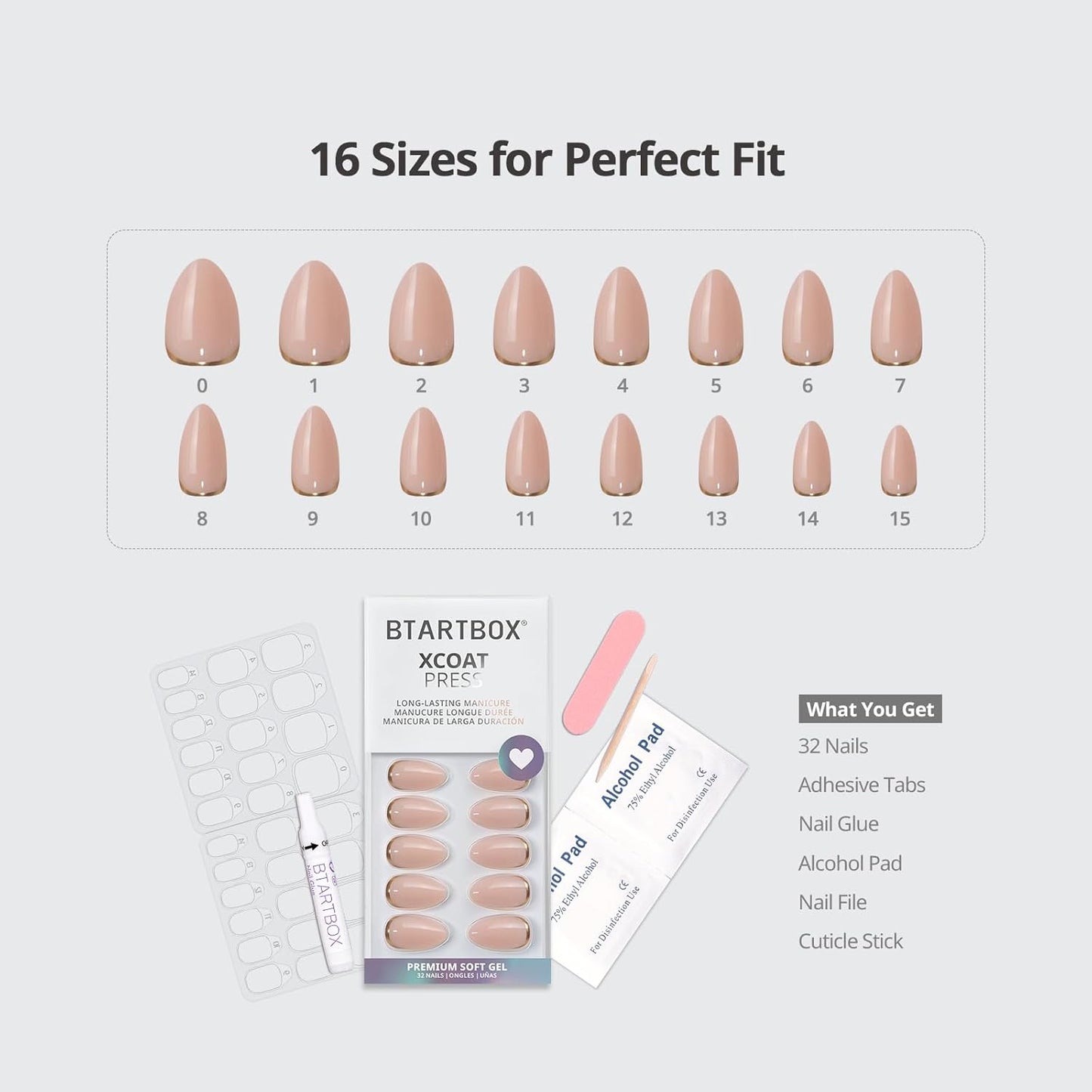Press On Nails Almond - Short Gold Foil Soft Gel Nails with Glue | 32-Piece Kit in 16 Sizes