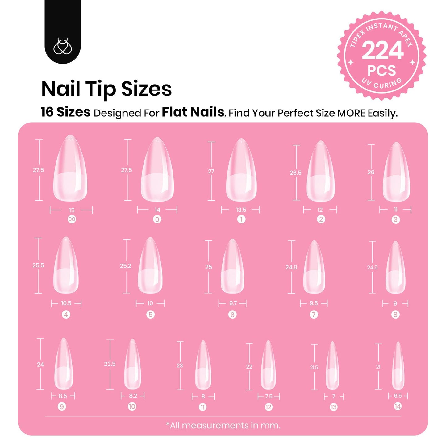 Beetles Tipex Instant Apex Nail Tips Kit, Medium Stiletto, 224PCS 16 Sizes 00-14, No Builder Gel Needed, 20g Solid Nail Glue, Mini UV Lamp