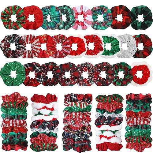 Giegxin 100 Pcs Christmas Scrunchies Bulk Hair Scrunchies Soft Elastic Snowflake Sequins Hair Scrunchy Ties Buffalo Plaid Glittery Rope Ponytail Holder for Women Gifts Xmas Accessories