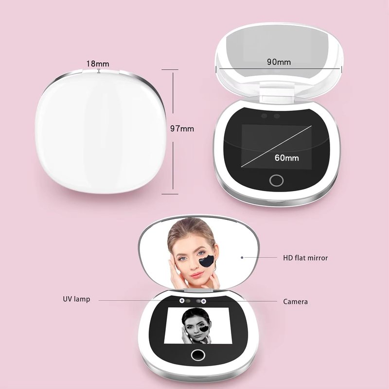 Portable LED Beauty Mirror - Smart UV Sunscreen Tester & 360° Adjustable Camera for Skin Protection | Ideal for Travel & Makeup