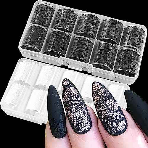 SILPECWEE 20 Rolls Lace Nail Foil White and Black Nail Transfer Foil Flower Nail Art Foils Decals Holographic Foils for Nails Manicure Stickers for DIY Acrylic Nails Decoration