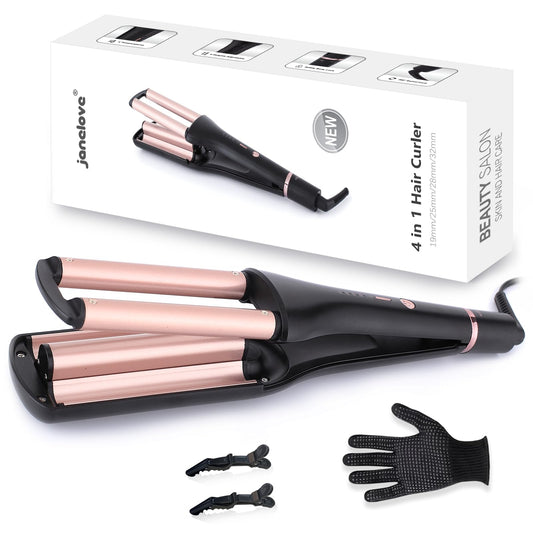 janelove 4 in 1 Hair Crimper, Hair Waver, Beach Waves Curling Iron Create 4 Types of Waves 0.75 & 1 & 1.1& 1.25 Inch, for Water/Mermaid/Beach/Deep defned Waves, 4 Temps with LED Display