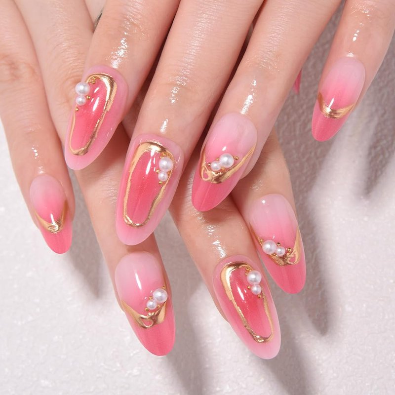 XZMeiLun 3D Pink Flower Black Polka Dot French Tips Press On Nails Short Almond, Acrylic Fake Nails. Salon-Quality Reusable Stick-Ons, Spring Summer Nails for Parties & Daily Wear | Women & Girls