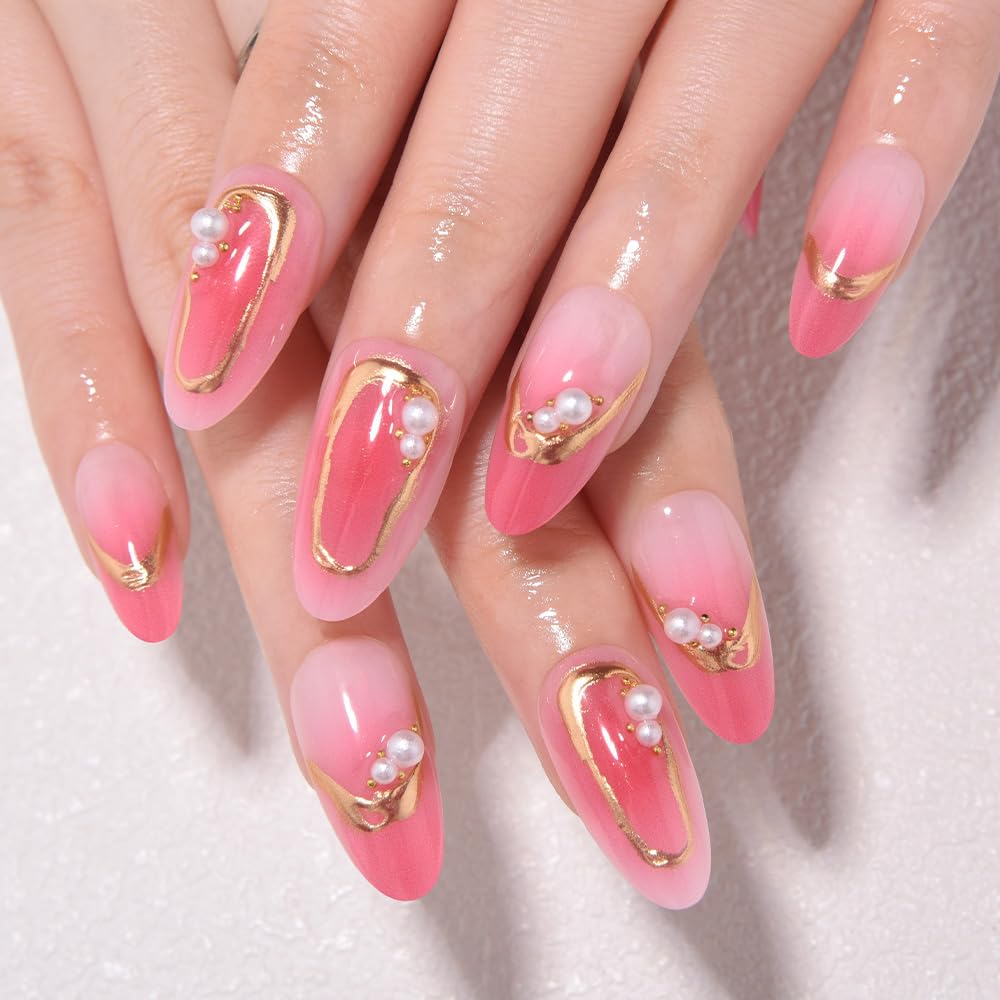 XZMeiLun 3D Pink Flower Black Polka Dot French Tips Press On Nails Short Almond, Acrylic Fake Nails. Salon-Quality Reusable Stick-Ons, Spring Summer Nails for Parties & Daily Wear | Women & Girls