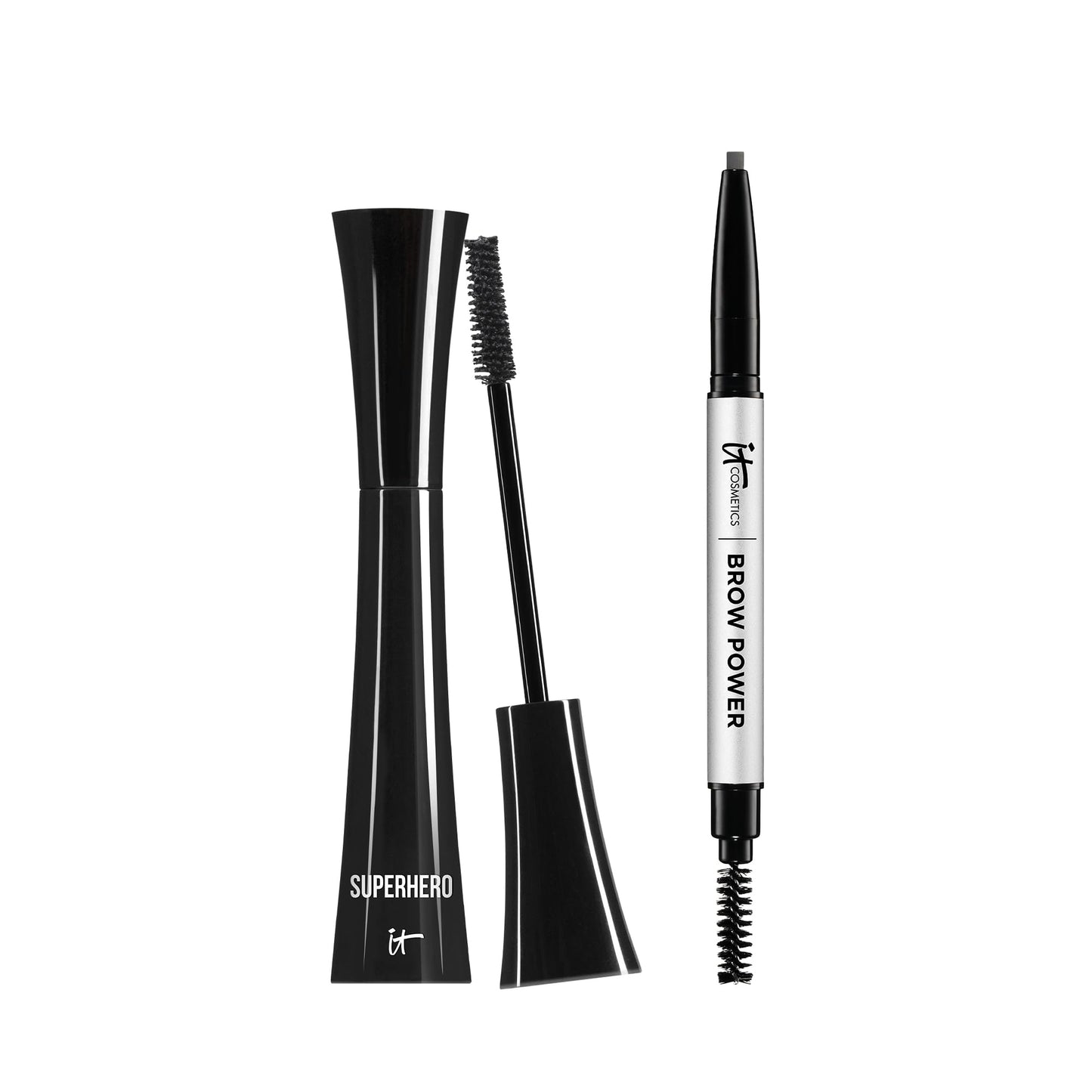 IT Cosmetics Superhero Mascara & Brow Power Eyebrow Pencil Bundle - Volumizing & Lengthening Black Mascara (0.3 fl oz) - Long-Lasting Natural Taupe Brow Pencil with Spoolie