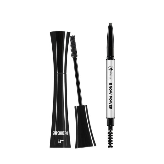 IT Cosmetics Superhero Mascara & Brow Power Eyebrow Pencil Bundle - Volumizing & Lengthening Black Mascara (0.3 fl oz) - Long-Lasting Natural Taupe Brow Pencil with Spoolie