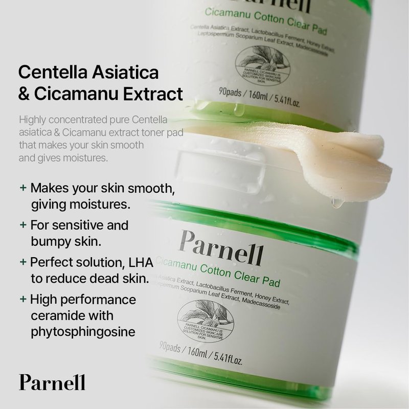 Parnell Cicamanu Cotton Clear Pad | Gentle Daily Exfoliating & Soothing Toner Pads for Sensitive Troubled Skin | Cica LHA PHA Ceramide HA Manuka Honey | Unbleached Biodegradable (90 Count)