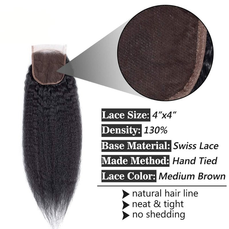 datanala Brazilian Virgin Kinky Straight Human Hair 3 Bundles with 4x4 Lace Closure 12 14 16+10 100% Virgin Yaki Human Hair Bundles With Closure Free Part Natural Black Color