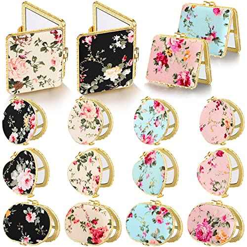 Blulu 16 Pcs Compact Mirrors for Purse Bulk Small Flower Pocket Mirror Vintage Portable Floral Folding Tea Party Favors Return Gifts for Women Christmas Birthday Wedding Makeup Travel(Gold Edge)