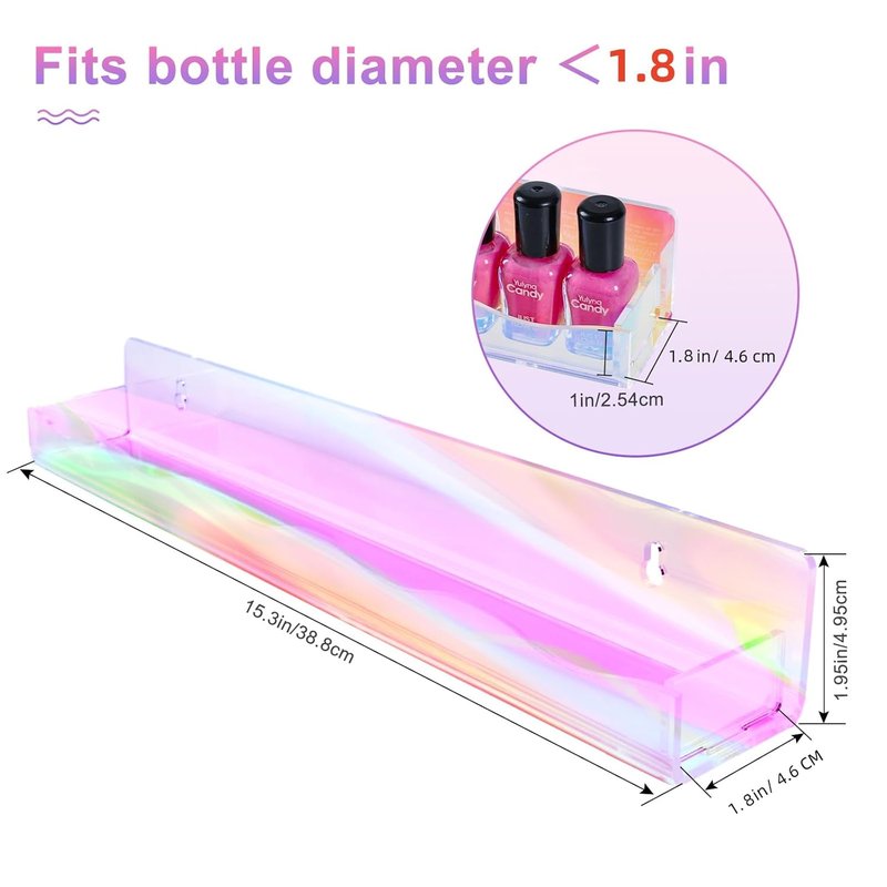 Iridescent Nail Polish Organizer - 6 Pack Acrylic Wall Rack for Makeup, Tattoo Ink & Essential Oils | 15" Rainbow Floating Shelves