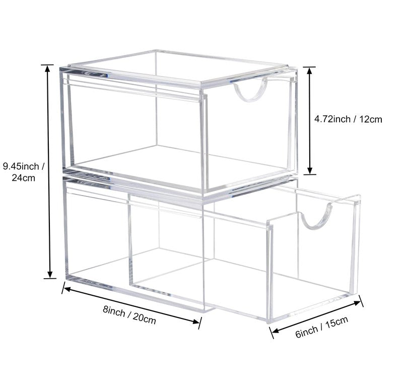AMEITECH 2 Pack Clear Stackable Storage Drawer, Bathroom Makeup Organizer, Plastic Storage Bins, Acrylic Organization and Storage for Vanity, Kitchen Cabinets, Pantry, Undersink