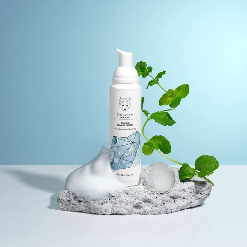 Snow Fox Skin Care Cooling Foam Cleanser – SLS-Free Face Wash with Organic Aloe Vera & Peppermint Water – Gentle, Non-Drying Formula for Oily, Combination & Sensitive Skin – 5oz