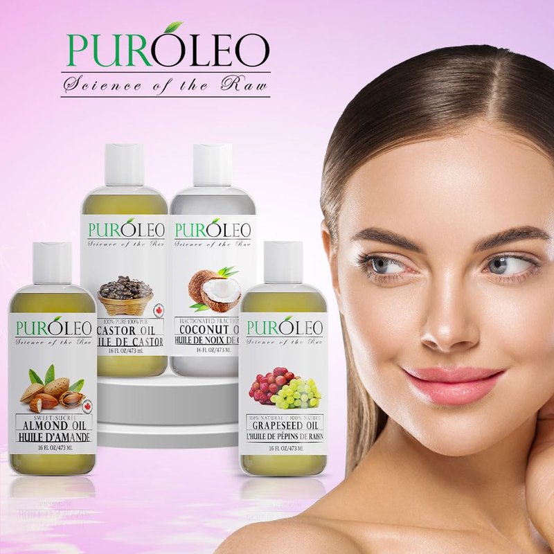 PURÓLEO Carrier Oil Gift Set- 4 Pack - Coconut Oil- Almond Oil - Castor Oil - Grapeseed Oil - 100% Natural Moisturizing Massage 4 Pc (4 Fl Oz)
