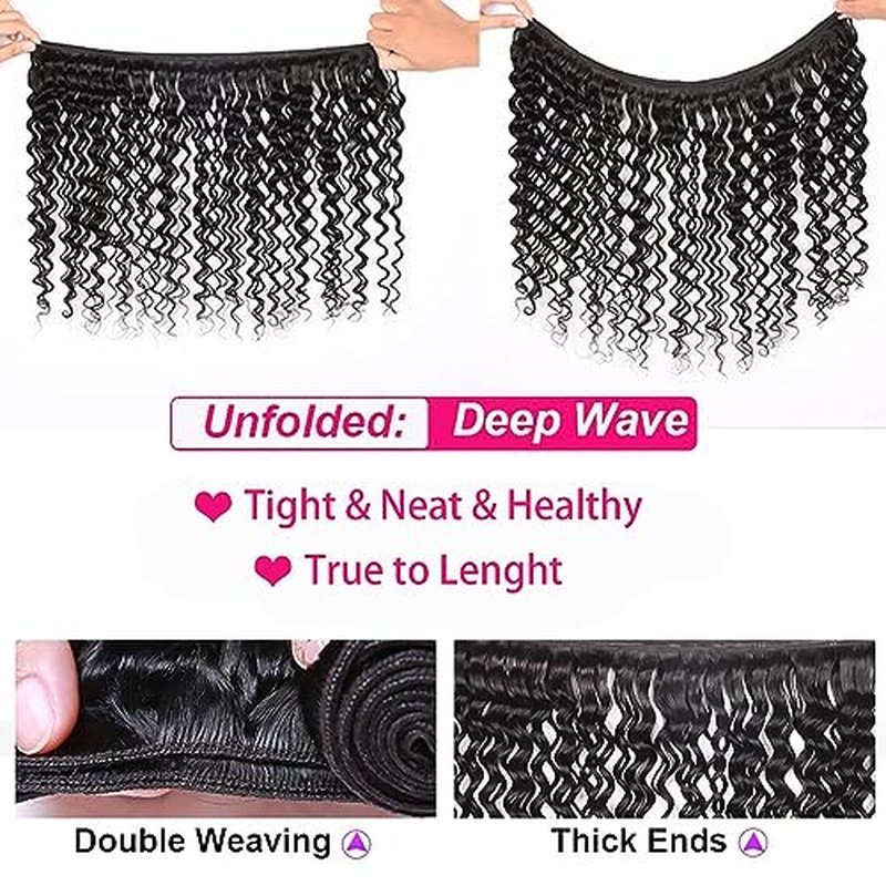 Deep Wave Bundles Human Hair 10A Brazilian Virgin Human Hair Bundles 100% Unprocessed 10 12 14 Inch Water Wave Bundles Double Weft Deep Curly Weave 3 Bundles Natural Color