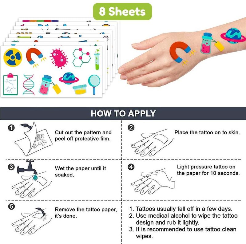 Science Temporary Tattoos - STEM Party Favors & Decorations | 96PCS Cute Chemistry Stickers for Kids & Teens
