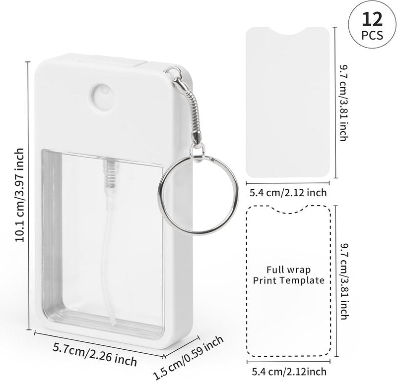 Sublimation Blanks Perfume Spray Bottles - 12 Pack 1FL OZ | White Portable Refillable Travel Sprayers with Key Ring & 16 Double-Sided Aluminum Sheets for DIY