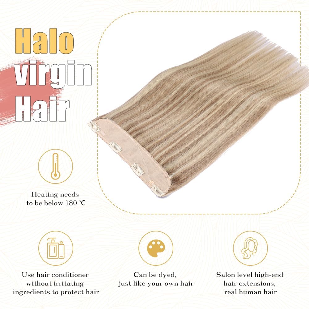 Halo Hair Extensions Real Human Hair -Light Blonde Golden Blond Real Remy, Halo Extensions Human Hair 12inch 70g