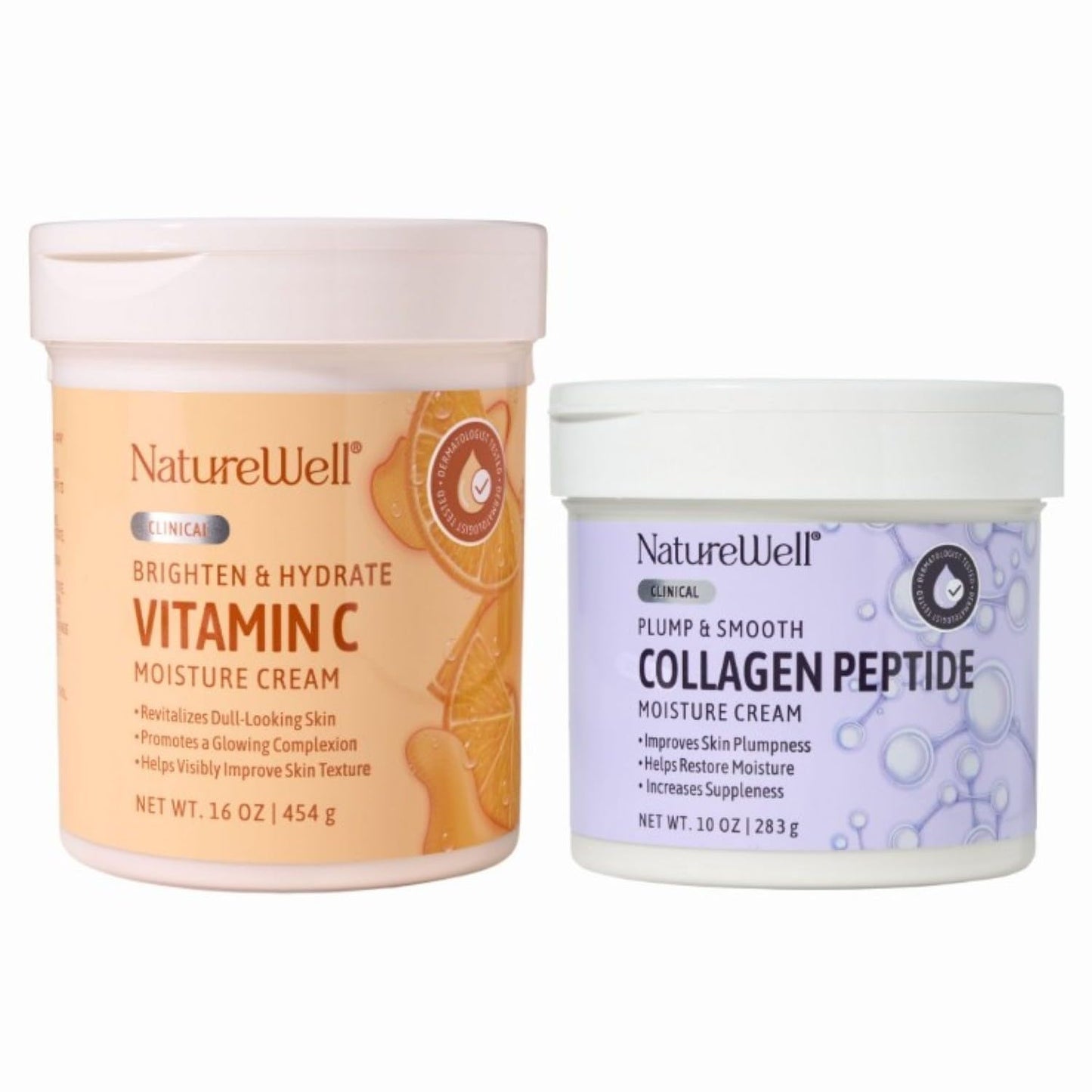 NATURE WELL Clinical Vitamin C 16oz & Collagen Peptide 10oz Moisturizing Cream Bundle for Face, Body, & Hands, Plump & Nourish, Brighten & Smooth, Provides Intense Hydration For Dry & Dull Skin