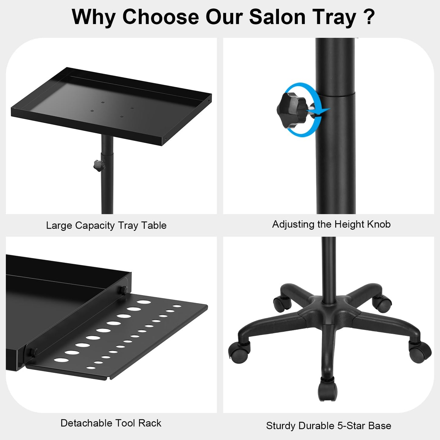 Salon Tray Cart Premium Metal Tattoo Tray, Storage Utility Cart with Tool Rack, Rolling Tray Trolley Adjustable Height, Tool Tray Cart for SPA Clinic Repair Shop