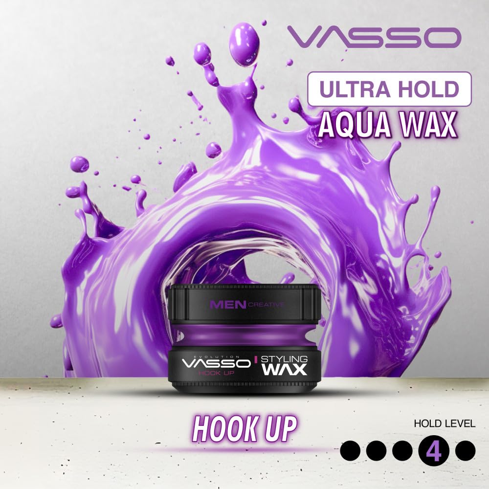 Vasso Hook Up Hair Styling Wax for Men, Super Strong Hold with Natural Shine, Water Based Hair Wax for Short & Thin Hair, Long Lasting Reworkable Styling Pomade, 5.07 fl oz (150 ml)
