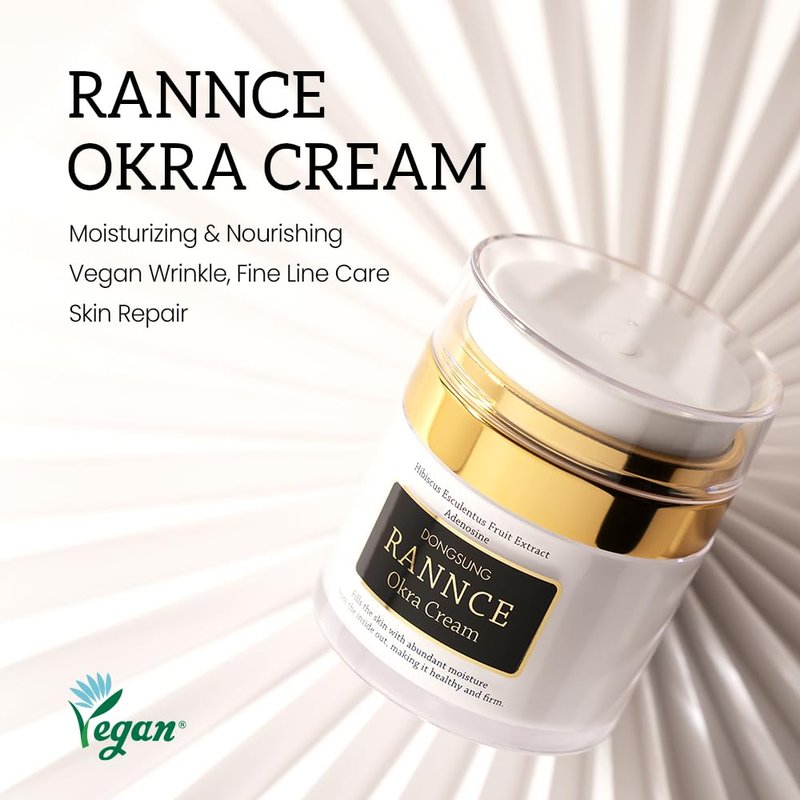 Rannce DONGSUNG Okra Cream, 1.76oz Vegan Mucin Cream form Korea Anti Aging Face Cream with Functional Okra Extracts, Wrinkle Improvement, Hydrates and Moisturizes Skin, Improves Firmness, 50g