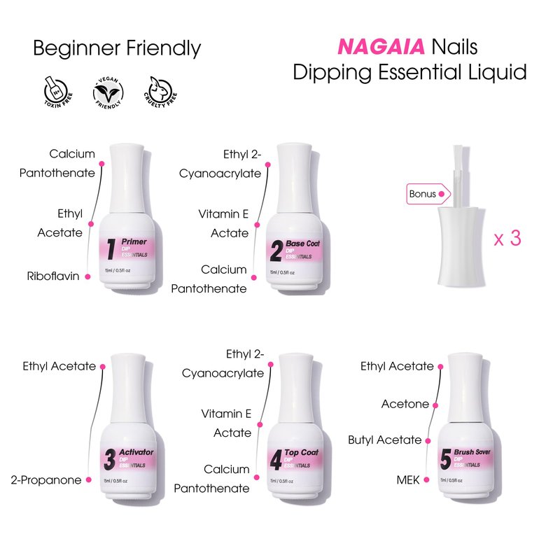 NAGAIA Premium Nail Dipping System, Dip Essential Liquid Set, All In One Dip Liquid Kit, Home & Salon Nail Dipping Manicure, Air Dry Dip Powder System, Salon Acrylic Nail Alternative, 3 Replaced Brush