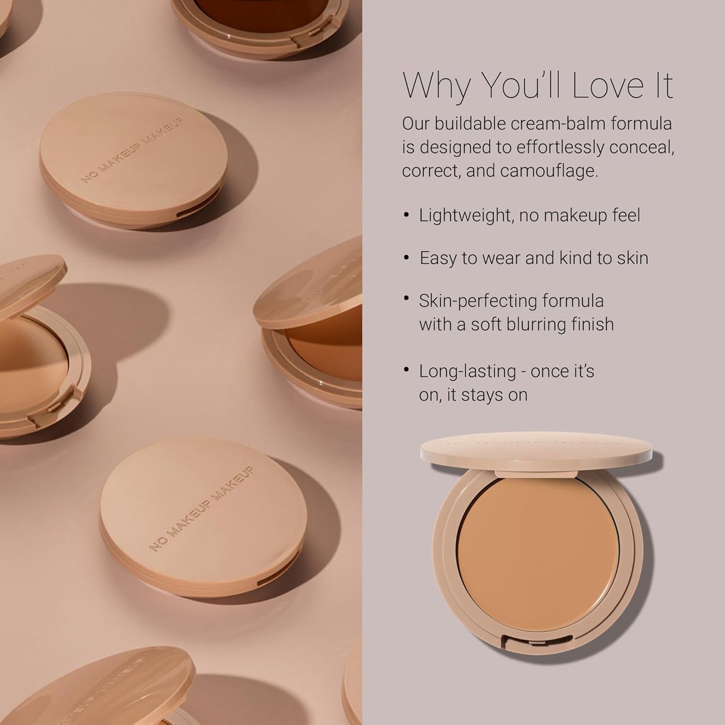 No Makeup Makeup Foundation + Brush Duo, Cream-Balm Formula Conceals, Corrects and Camouflages with Skin-Tone Adaptive Flexshade Technology, Buildable, Long-Lasting, Cruelty-Free, Vegan, Light Medium