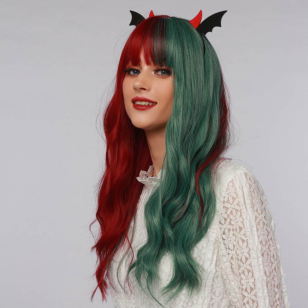 OUFEI Long Wavy Half Red Half Green Wigs with Bangs for Women Natural Synthetic Hair Heat Resistant Wig for Christmas Cosplay Party Use-22 Inches