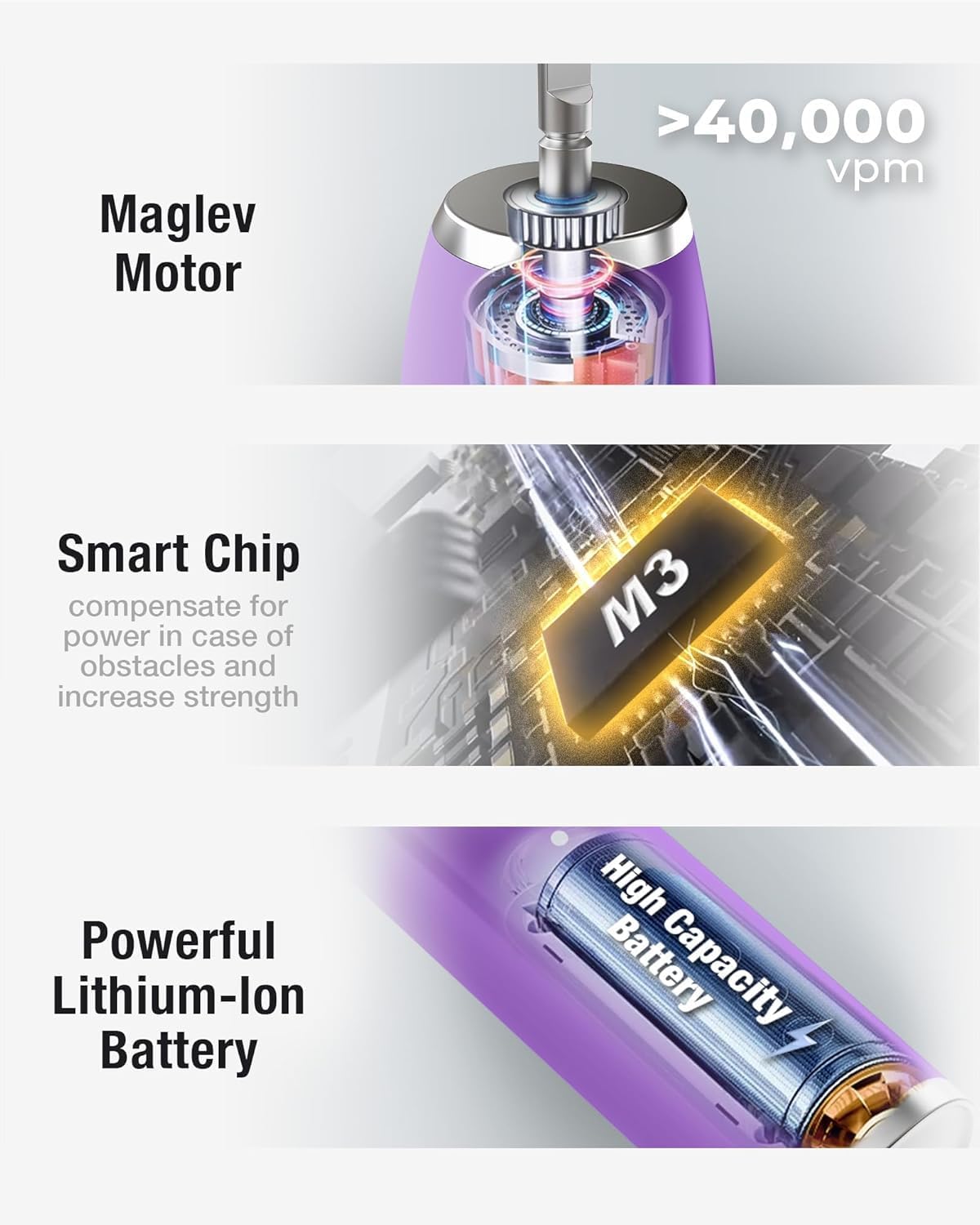 Ultrasonic Electric Toothbrush - 6 Brush Heads, 5 Modes, 120 Days Battery Life | USB-C Charge, Smart Timer (Purple)