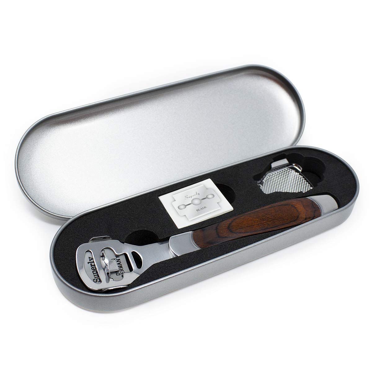 Allura Foot Care Pedicure Callus Shaver Cutter Rasp File Hard Skin Corn Remover Wood Handle 10 Blades (Case Included)