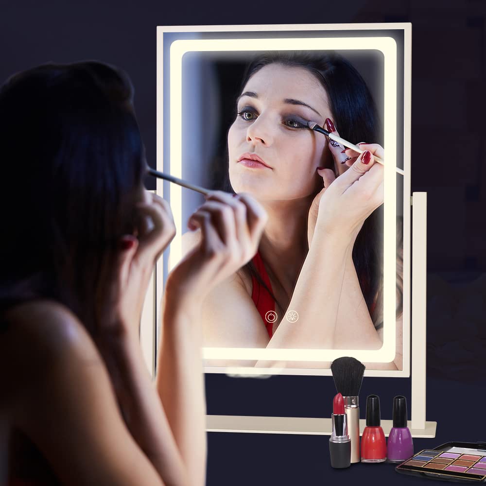 BRIGHTINWD Vanity Mirror with Lights - 13.78"× 10.23" Adjustable Lighted Makeup Mirror for Desk, Detachable 10X Magnification Mirror, Touch Sensor, Desk Mirror for Bedroom & Dressing Room (White)