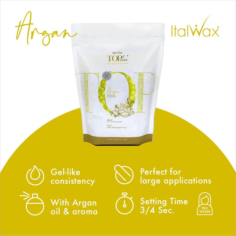 Italwax Top Line Argan Hard Wax Beads 1.65 lb (750 g) – Fast-Setting Transparent Jelly Wax Enriched with Argan Oil, Floral Scent, Strong Grip for Face & Underarms, Professional Use – Made in Italy