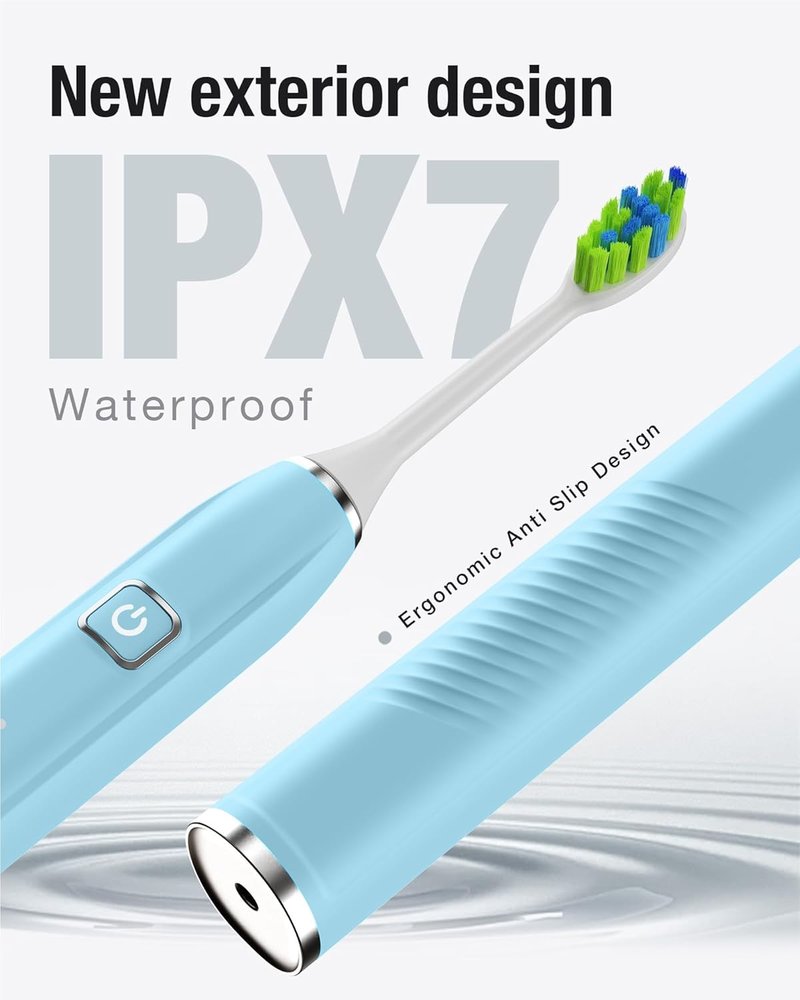 7AM2M Ultrasonic Electric Toothbrush with 6 Brush Heads for Adults&Kids, One Charge for 120 Days, USB-C Charge, 5 Modes, 40000VPM Powered Toothbrush, 2 Minutes Built in Smart Timer (Light Blue)