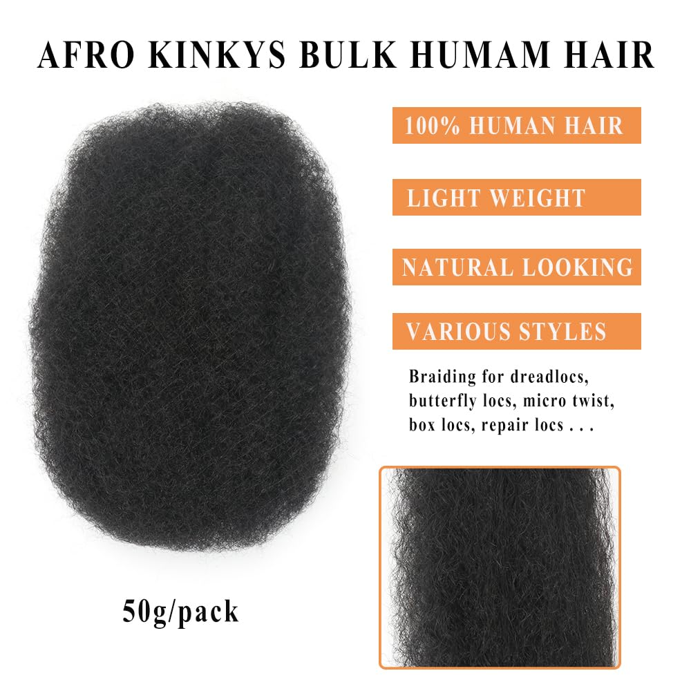 Afro Kinky Bulk Human Hair Extensions - 50g Braiding Hair for Twists, Locs & Dreadlocks | 22" | Color 1B