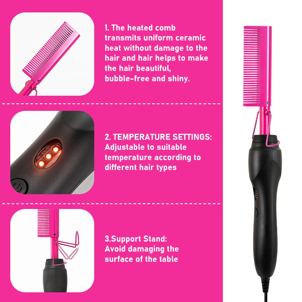 Electric Hot Comb Hair Straightener Electrical Straightening Comb Curling Iron for Natural Black Hair Wigs Pressing Combs with Lace Glue Hair Wax Stick Edge Control Set
